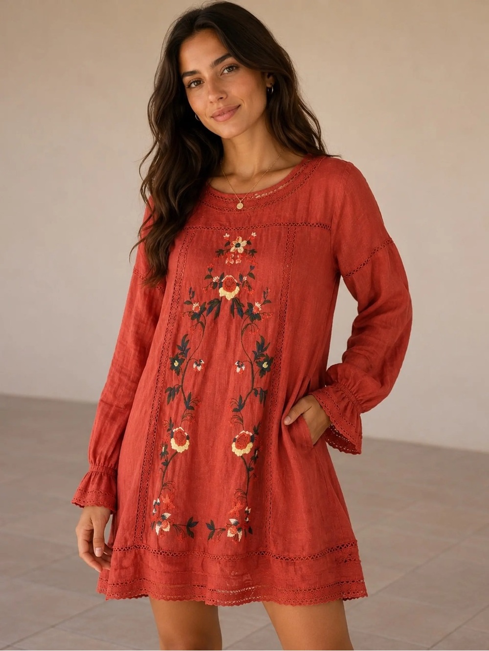 Umgee Rust Floral Embroidered Long Sleeve Dress